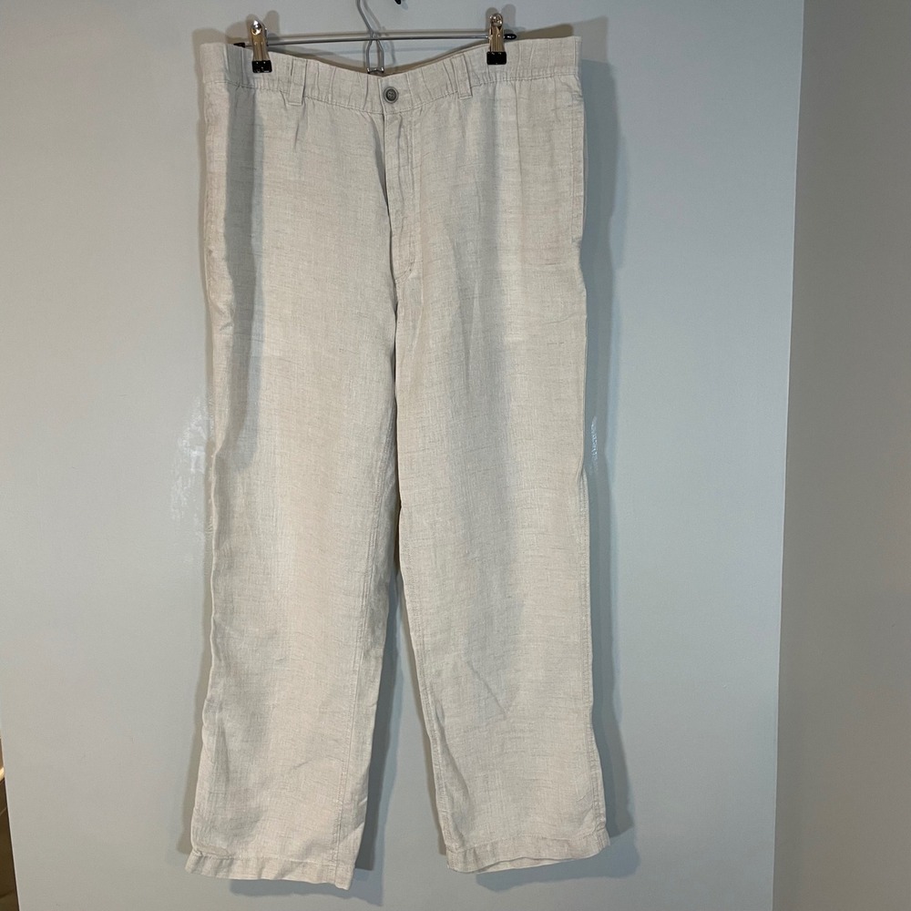 Caribbean Mens 100% Linen Flat Front Pants Beige 40x32 Straight Leg Resort